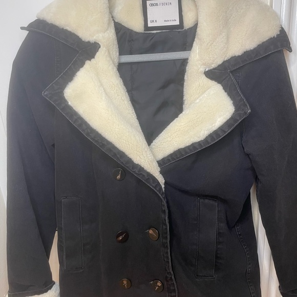 ASOS DESIGN denim aviator jacket with contrast fleece collar WASHED BLACK color - Picture 8 of 9